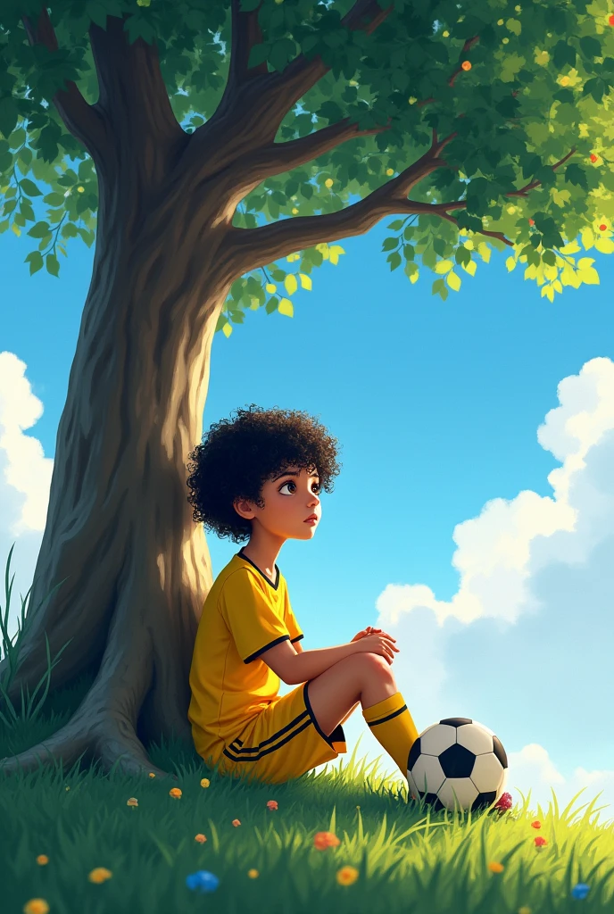  with curly dark hair and black eyes, wearing a yellow soccer t-shirt and shorts, holding a soccer ball in her hand, is sitting near a big tree, dreaming and looking at the sky. 