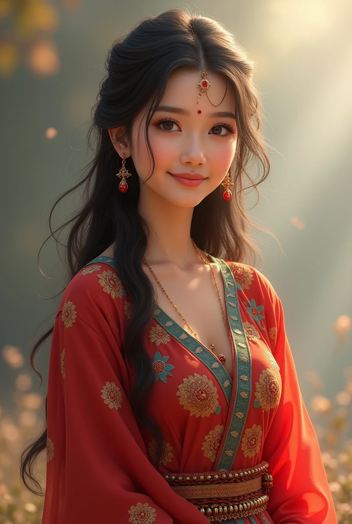 A beautiful girl with a high level of beauti and she is in nepali dress with beautiful smile and she's hair are so shine make this picture full