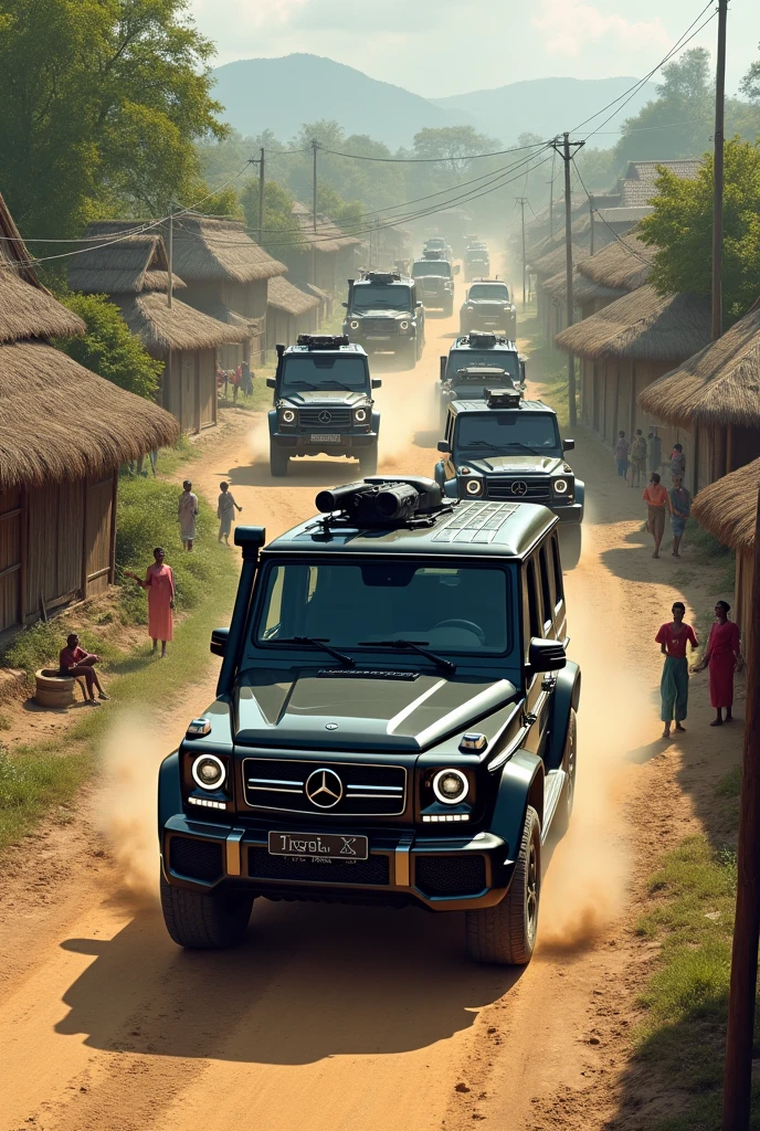 Convoy of black g wagons and defenders and land cruiser roaming in village