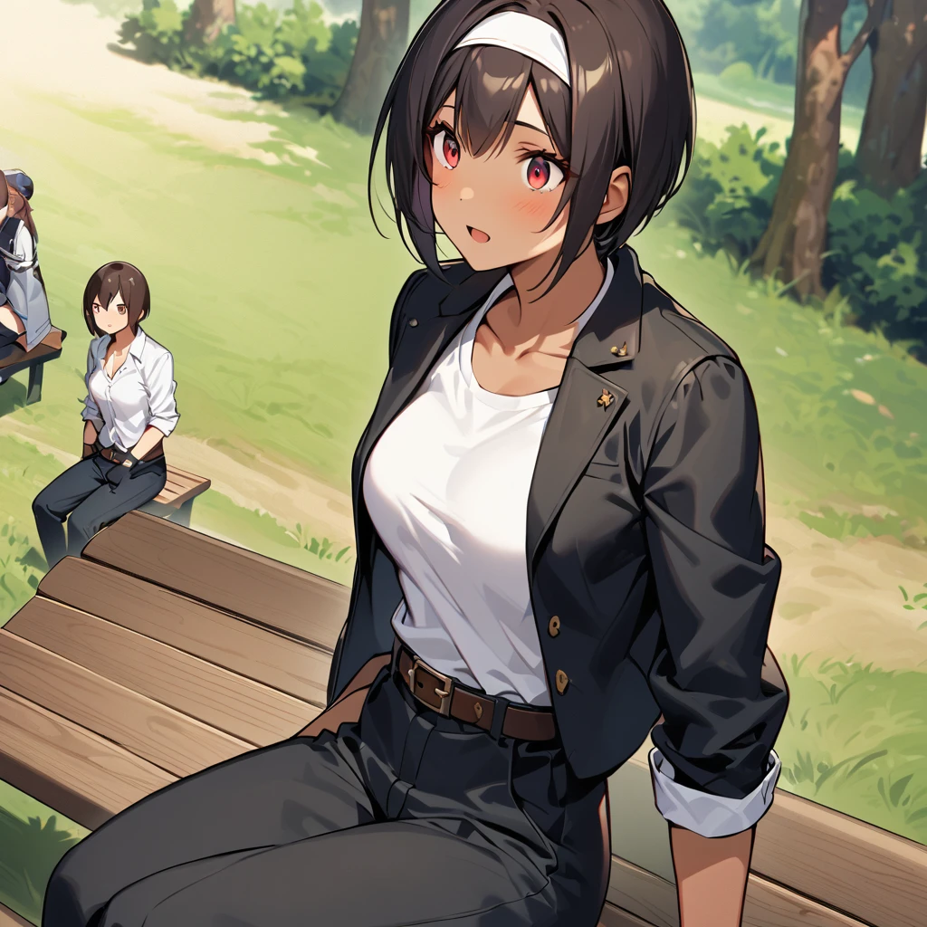 Single,female,short cut,dark hair,dark skin,red eyes, ((black jacket with rolled up arms)),fingerless gloves,white T-shirt, ((white headband)),black long pants,white shoes,brown belt,cute,indoor-oriented,charming,top class,neat face,neat eyes,slightly large breasts,sitting on a bench in a park A beautiful Japanese girl is sitting on a bench in a park, she is surprised to see me in profile and in front of her. Her eyes are wide open, her gaze is slightly downward, and her mouth is half open.