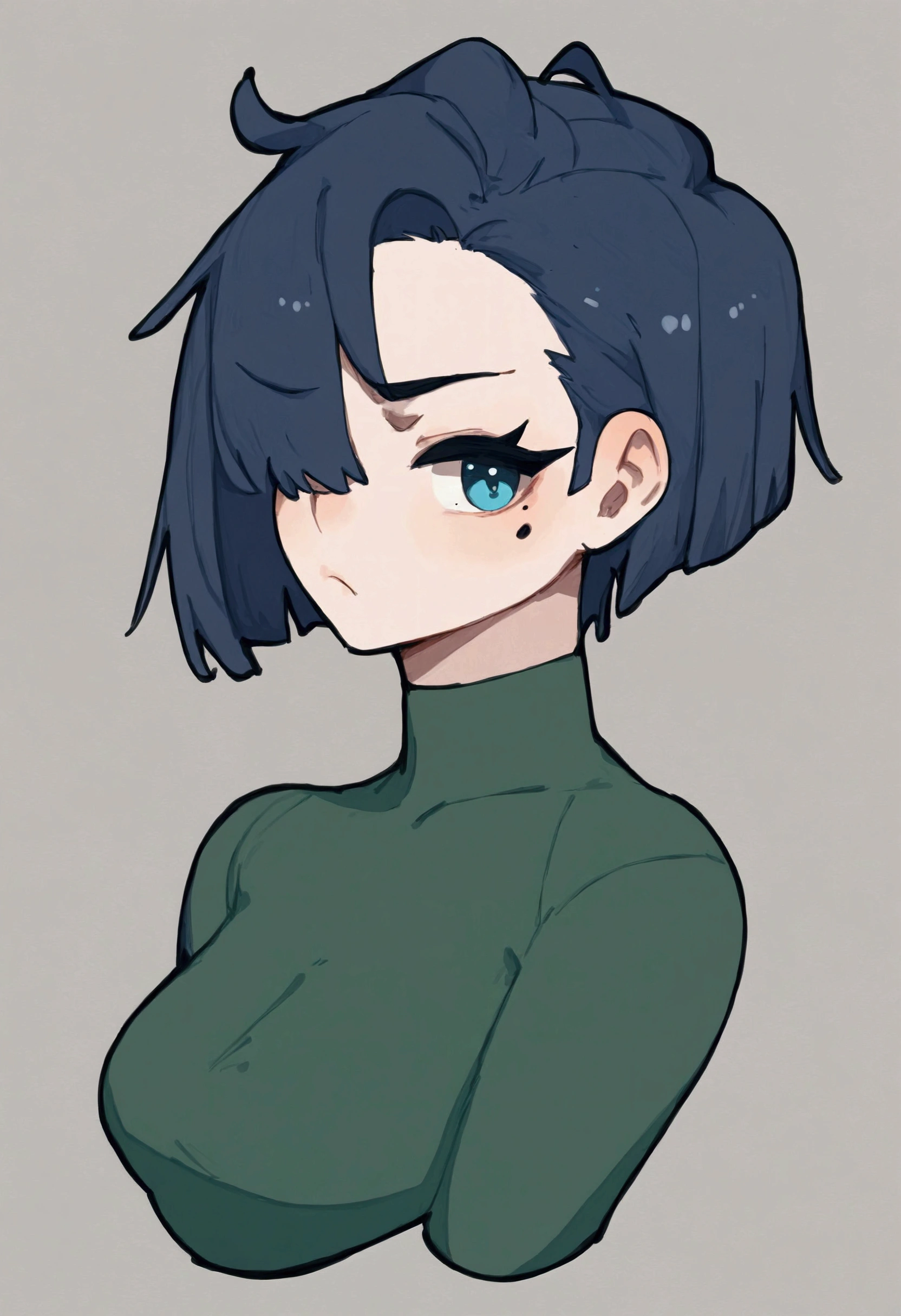 score_9, score_8_up, score_7_up, score_6_up, score_5_up, score_4_up, source_cartoon, rating_safe, by dayo34, 1girl, pale skin, beauty mark under one eye, pout, large eyelashes, green shirt, medium breasts, portrait, torso shot, bob cut, shoulder lenght hair, slicked back from the right side, hair over left eye. dull indigo eyes, scar over right eye
