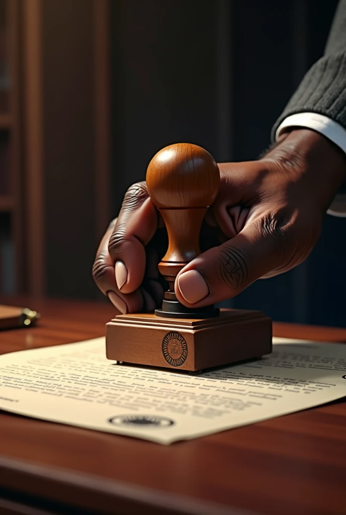 Hand of a black man pressing a wooden stamp on a document 
