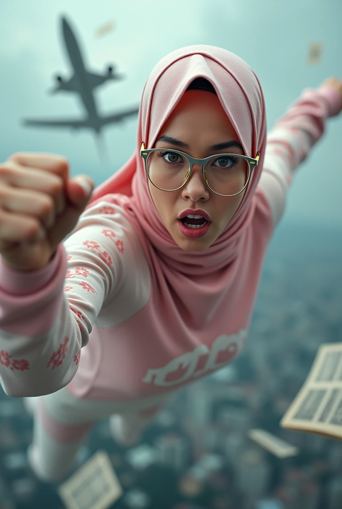 Malaysia women a realistic masterpiece. Human .wear pink watch.. 1girl wearing a hijab. detailed beautiful face, Hijab Muslim. Wear long sleeve moder design mixed sew pink white loose size. Small detail ,cargo suit. Pink cargo pant.. . anger face, minimalist flower on shirt. . anger face. Open mouth. Wear pink white. Wear small Safety Pink yellow glasses google spectacle top on head. . Age 20 year old. Flying position. Fast fly. Panning effect Photography . Flying have a super strong power.. punch. Flying beside aeroplane . Fight pose. Bokeh background. fist front.. At the city. Bad waether. , detailed lips, long eyelashes. Hero, modest expression, delicate facial features, natural skin tones, , detailed folds and textures of hijab, natural lighting, high quality, photorealistic, 8k, best quality. Malaysia girl. Floating balloon. ). . . Braces teeth. Boleh background. Panning effect. Fast flying.
