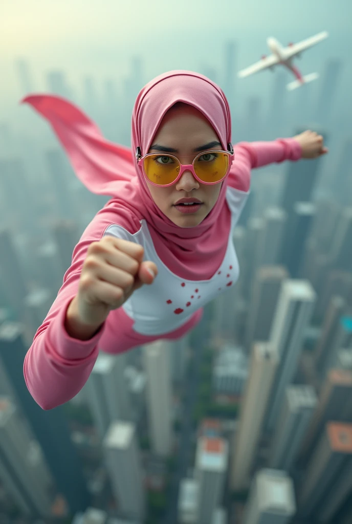 Malaysia women a realistic masterpiece. Human .wear pink watch.. 1girl wearing a hijab, detailed beautiful face, Hijab Muslim. Wear long sleeve moder design mixed sew pink white spandex. . anger face, minimalist flower on shirt. . anger face. Open mouth. Glowing power pink. Fly high near aeroplane. Wear pink white.small Safety Pink yellow glasses google spectacle top of the headband rubber. Age 20 year old. Flying position. Fast fly. Panning effect Photography . Flying high hand under aeroplane have a super strong power.. punch . Fight pose. Bokeh background. fist front.. At the city. Bad waether. , detailed lips, long eyelashes. Hero, modest expression, delicate facial features, natural skin tones, , detailed folds and textures of hijab, natural lighting, high quality, photorealistic, 8k, best quality. Malaysia girl. Floating newspaper. ). . . Braces teeth. Boleh background. Panning effect. Fast flying. Beside aeroplane.