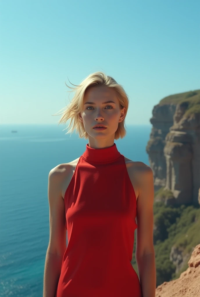 Front angle shot, Cinematic photo of a beautiful young woman with short messy blond hair wearing a red colors high collar sleeveless modern dress. The woman stands on the edge of a dramatic high cliff, background with stunning views of the beautiful sea stretching as far as the eye can see. Blue-sky, The wind ruffled his hair, creating a sense of calm. The simple location adds a cinematic and conceptual feel.