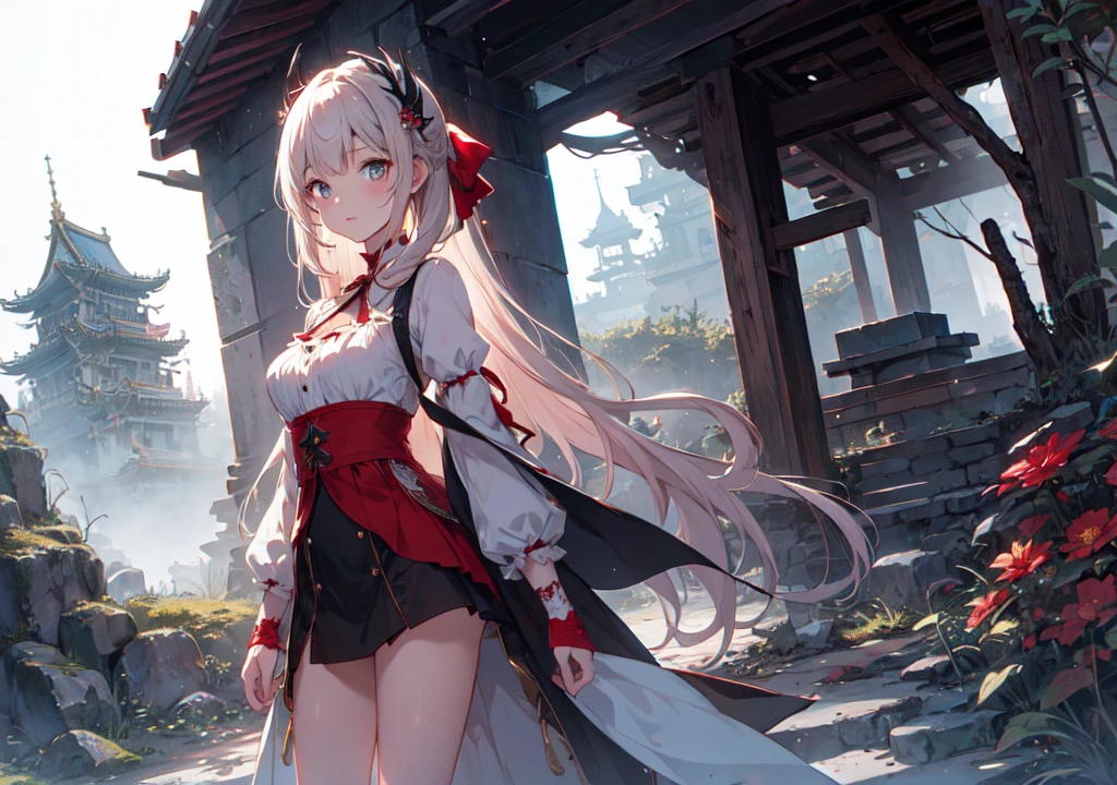 Realistic photos, Focus distance 10mm, Red and white, Beautiful girl, Realistic photos, Shooting at focus distance 10mm, masterpiece, 最high quality, high quality, Very detailed CG 8k wallpaper unit, Award-winning photography, Depth of written boundary, High resolution, bloom, chromatic aberration, Realistic, Very detailed, Art Station Trends, CGsociety Trends, Complex, High detail, dramatic, Art on the go, volumetric lighting, A beautiful girl in Disney Princess style、A scene of standing in front of a cursed temple in the ancient mountains。In the background it is dim、A misty temple and、There is an atmosphere of scary zombies swarming around.。The beautiful girl bravely stands up、Give it a spooky feel that combines Disney magic with horror elements