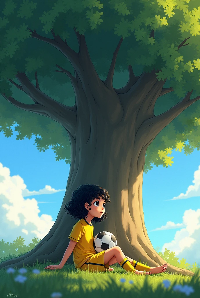 with curly dark hair and black eyes, wearing a yellow soccer t-shirt and shorts, holding a soccer ball in her hand, is sitting near a big tree, dreaming and looking at the sky.