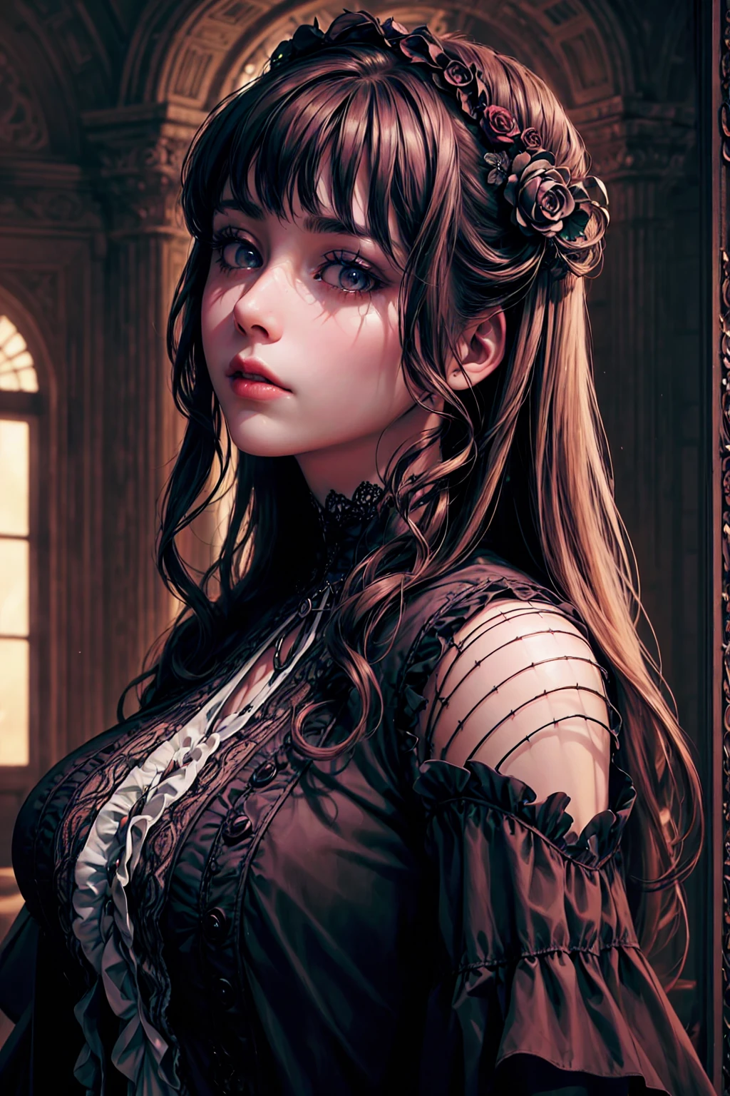 beautiful detailed eyes, beautiful detailed lips, extremely detailed eyes and face, long eyelashes, 1girl, long dark brown curly hair, pale skin, betrayed expression, elegant victorian dress, lace trimming, abandoned mansion interior, cobwebs, dim lighting, gloomy atmosphere, cinematic lighting, dramatic shadows, muted color palette, moody lighting, (best quality,4k,8k,highres,masterpiece:1.2),ultra-detailed,(realistic,photorealistic,photo-realistic:1.37),cinematic composition,dramatic lighting,dark academia aesthetic