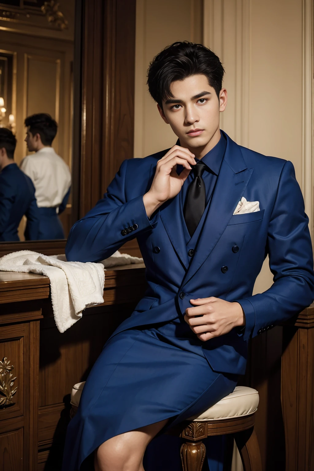 ((masterpiece)),((best quality)),8K,high detail,Very detailed, Very manly，3 men, like，fashion pose, Realistic skin texture, Light,
Royal blue style couple，Perfect hand details