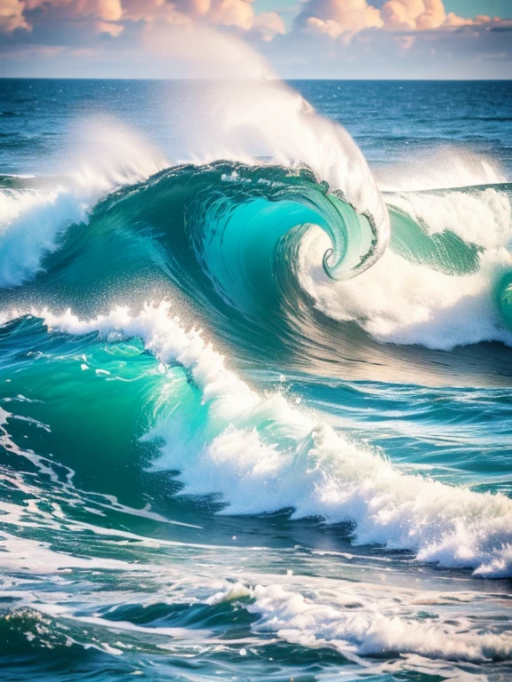 asterpiece, high resolution, best composition, dynamic composition, summer sea view, with reef, waves crashing on the reef, blue sky, white clouds, white waves.