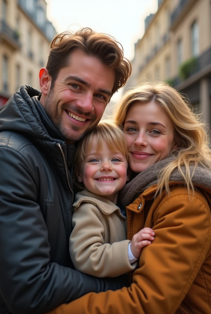 8  blonde blue eyes child hugging her father brown hair and eyes and her mother blonde green eyes taking a selfie on the streets of Paris 8k ultra realistic Photorealistic