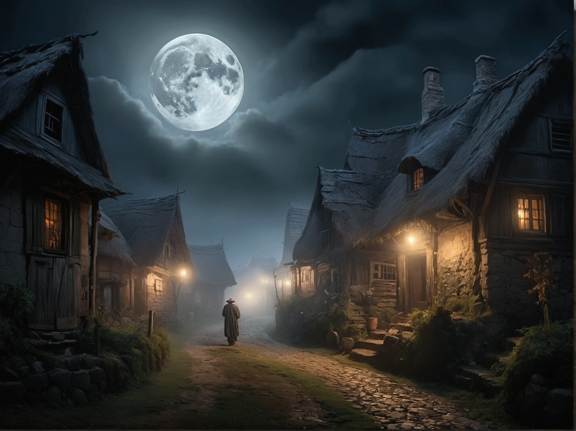 "A dark, eerie village with dense fog and a full moon shining. An old villager with a scared expression is whispering the words: