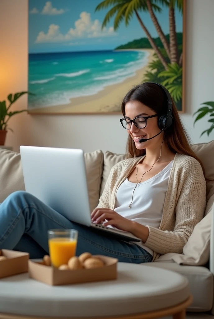 A woman sits on the sofa with a laptop. Home clothes. Stylish hairstyle, fashionable glasses, headset on. There is a glass of juice and a box of cookies on the table nearby. In the background on the wall is a painting depicting a beach with palm trees and the sea. Profile picture