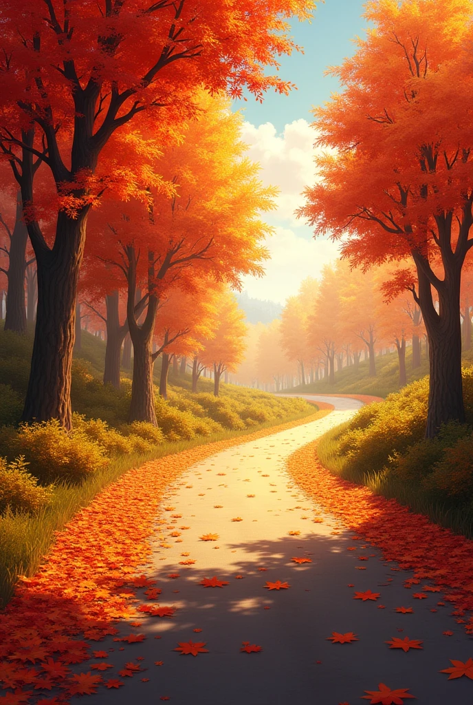 autumn, sunlight, many of maple leaf fall, a road, 