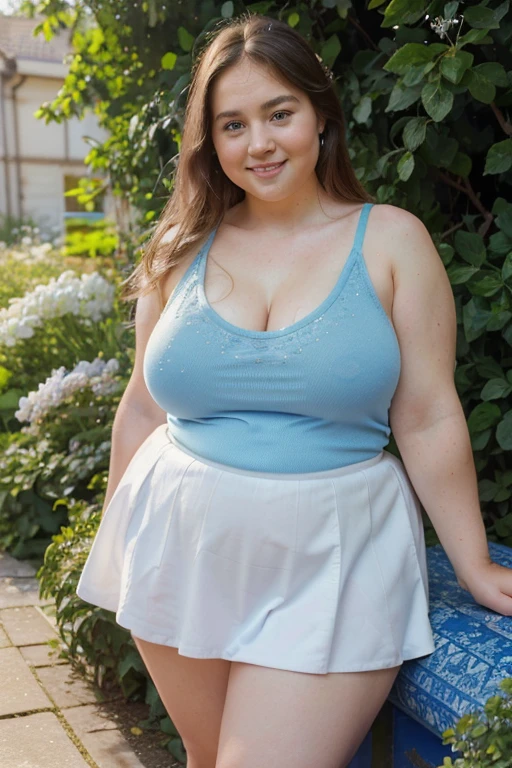 (cute girl,smile,blue detailed eyes,perfect face,perfect hair), full body, blue tank top, white skirt, ((double chin)), chubby body, overweight,(oils on canvas:1.2),(beautiful garden background:0.9),(best quality,ultra-detailed,realistic:1.37),(professional,vivid colors),(soft lighting),(subtle color palette),(natural and soft skin texture)