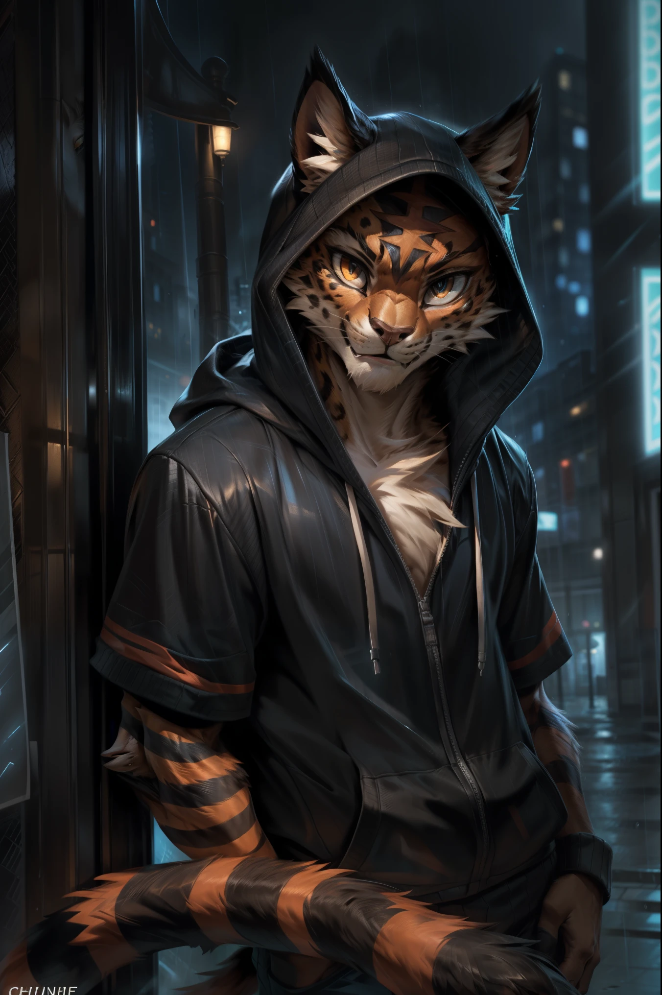 4k, ,8K, A high resolution, best quality, perfect colors, perfect shadows, perfect lighting, posted on e621, (by Chunie, by canyne khai, by t.y.starale), male, furry, Torracat(Pokemon), Torracat,Pokemon,anthro, solo, yellow eyes, (Realistic eye details 1.2), night city, rain, (Realistic Rain detail), Streetwear Hoodie wear, Full body like, muscularbody, leaning against the wall, dramatic lighting, soft lighting, day, highly detail, Hair coiled, delight, Standing up position, cool pose charm, Abstract beauty, centre, Looking at the camera, Facing the camera, nearing perfection, Dynamic, highly detailed, illustration, (Realistic background), (Leopard Tail), ((Bonifasko lighting)), (Detailed eyes), perfect pupils, detail eyes, detail fluffy fur, (seductive face:1.2), fit body, Looking at the camera,, fit body, perfect male figure, Detailed fur, Detailed face, Perfect face, Detailed background, (Complex), (Super Detail), (Ultra Clear), (Best Quality)
