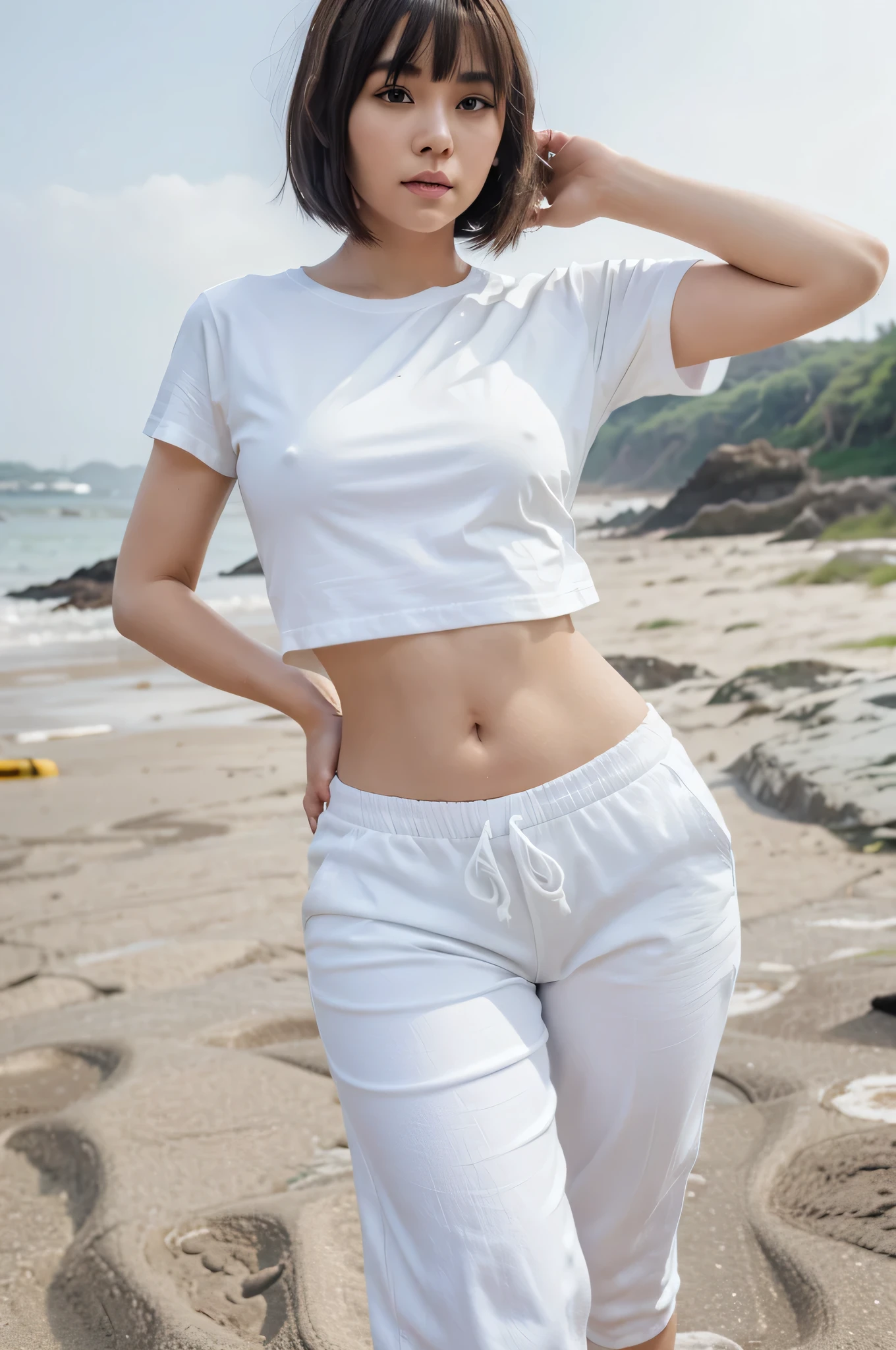 Beautiful young woman, Face thai-chinese, Bangs, Bob hair, See full body, At the beach, Wearing a white short-sleeved T-shirt not paint, White drawstring stretch pants, Wear white color, See full body, Wear Sneakers, 8K sharp images.