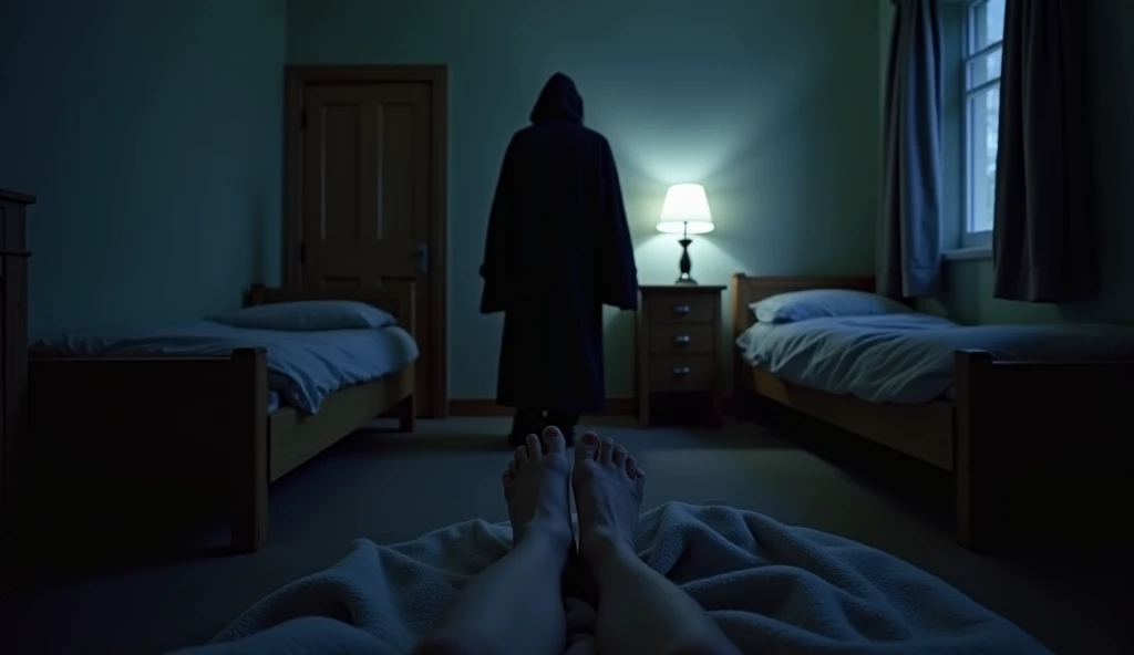 First person view, a dark shadow figure in dark robe stands at the end of a bed, a blanket is covering a pair of the viewer's feet. It is midnight and the single dorm room is dimly lit by a night lamp