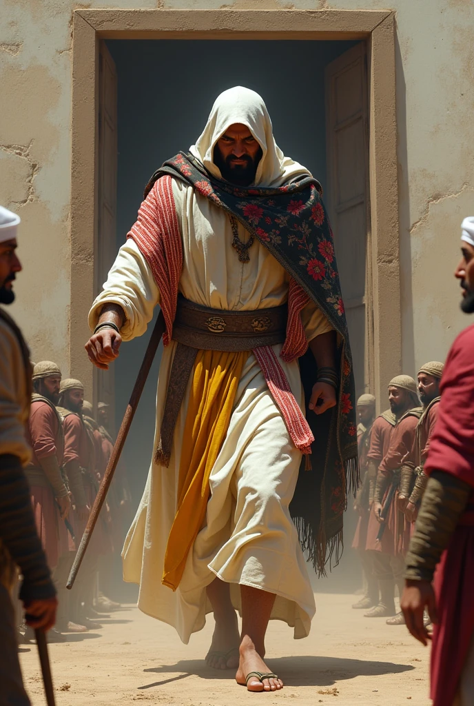 wearing: white woolen cloak, red striped shawls of Qatari origin wrapped around his shoulders, headgear of fine cloth, wearing a yellow loincloth, covering his shoulders with a flowery black shawl, face not seen bacause of sunlight, lifting 900kg door of khyber with one hand, several enemy soliders scared, at war