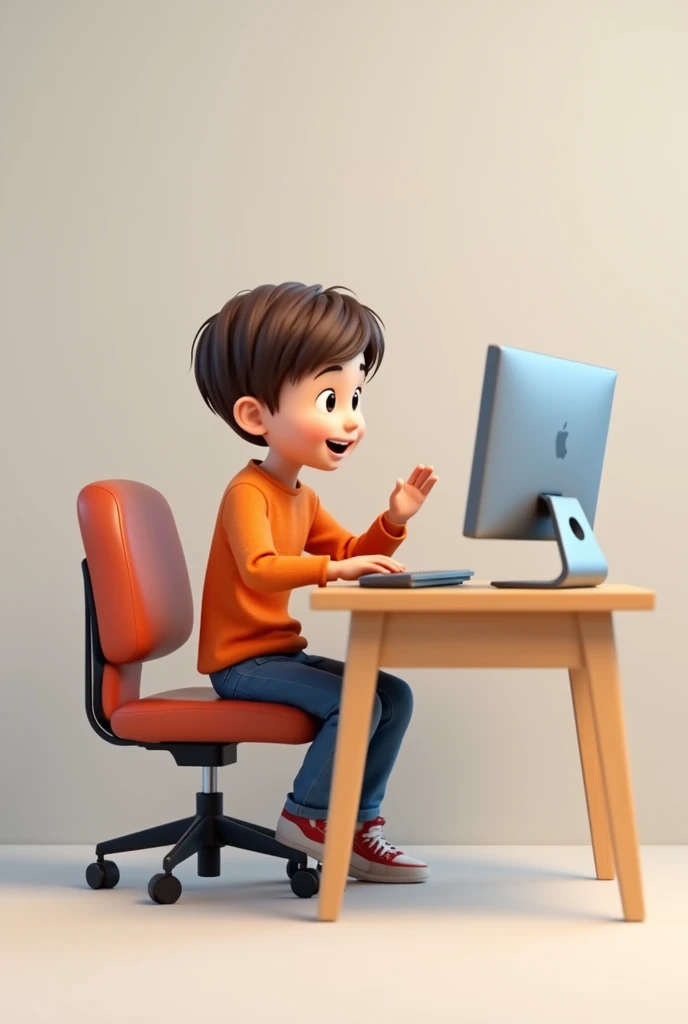 A who sitting on a chair and table and computer and tolking front of camera with a plain full body