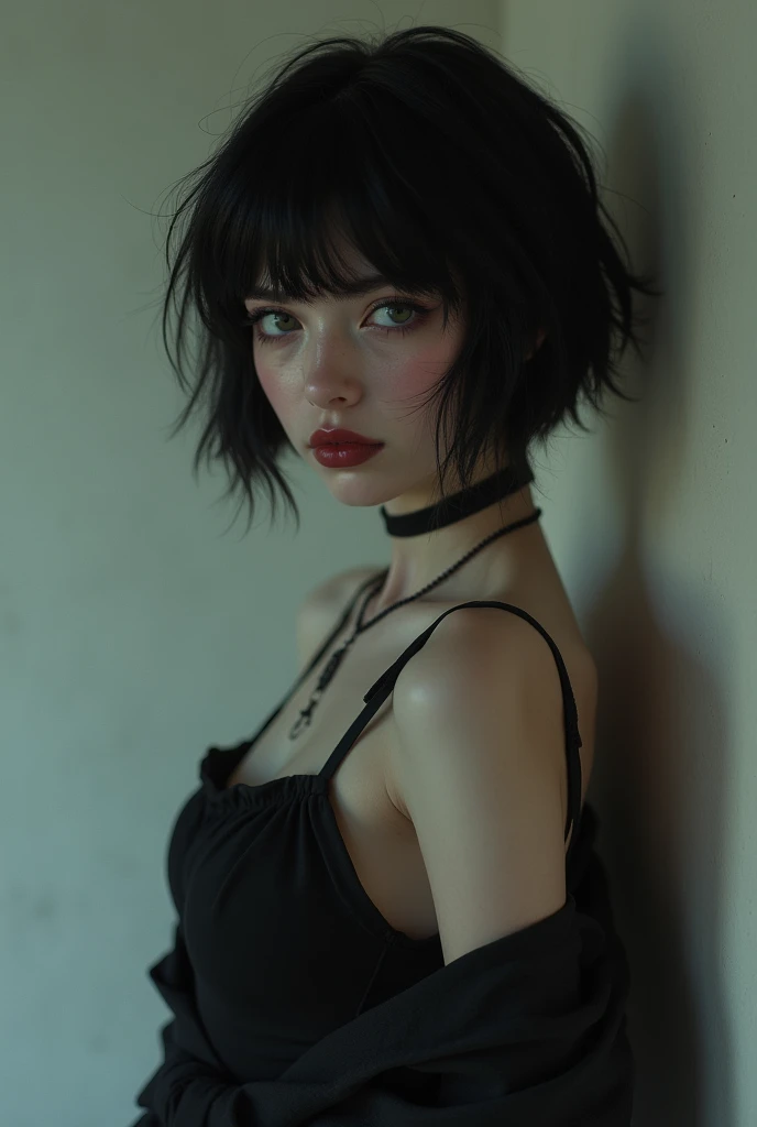 Very white, thin emo girl with short black hair and medium breasts with American and Mexican features and a little Japanese 