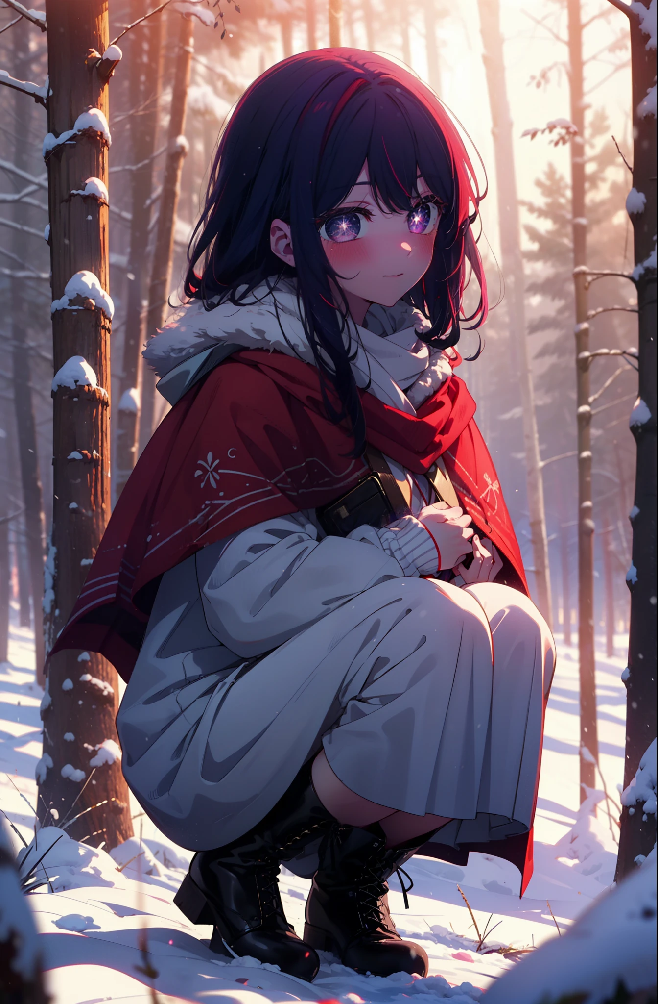 aihoshino, Ai Hoshino, Long Hair, bangs, (Purple eyes:1.1), Purple Hair, (Symbol-shaped pupil:1.5), smile,,smile,blush,white breath,
Open your mouth,snow,Ground bonfire, Outdoor, boots, snowing, From the side, wood, suitcase, Cape, Blurred, , forest, White handbag, nature, Squat, Mouth closed, Cape, winter, Written boundary depth, Black shoes, red Cape break looking at viewer, Upper Body, whole body, break Outdoor, forest, nature, break (masterpiece:1.2), Highest quality, High resolution, unity 8k wallpaper, (shape:0.8), (Beautiful and beautiful eyes:1.6), Highly detailed face, Perfect lighting, Extremely detailed CG, (Perfect hands, Perfect Anatomy),