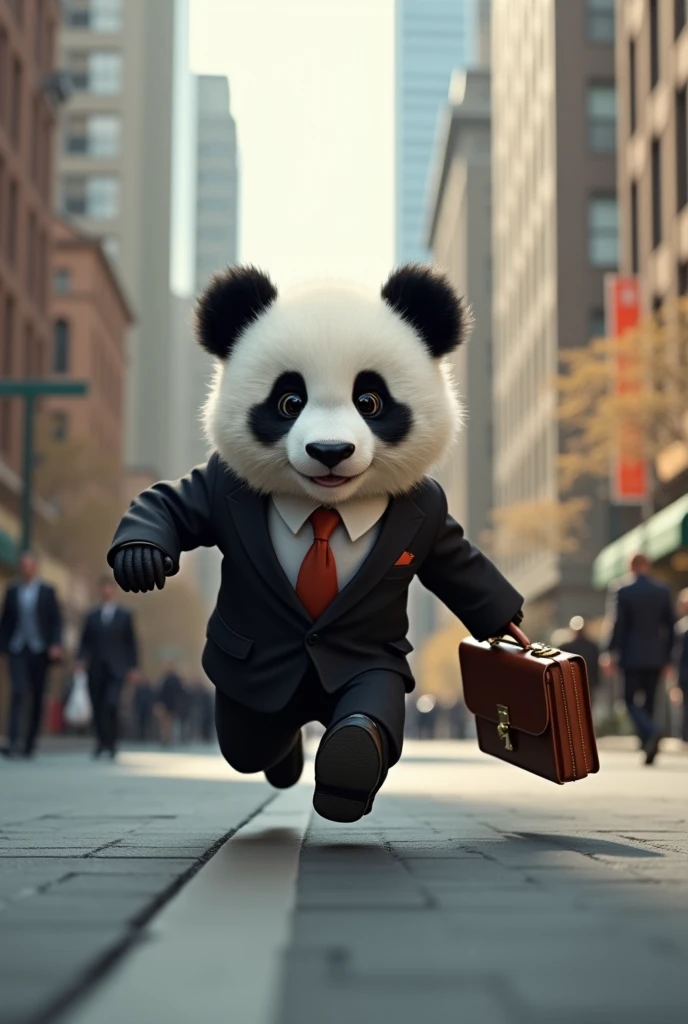 A  baby cute panda all suit up and is running to the office with a case