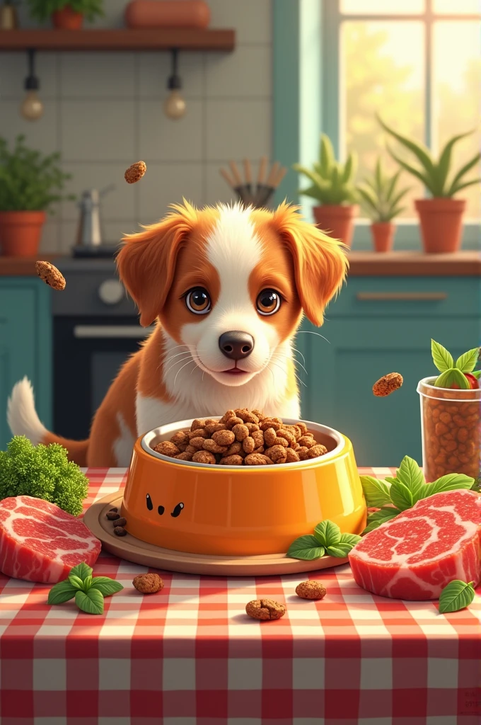 A dog food advertising poster with a menu and a food bowl