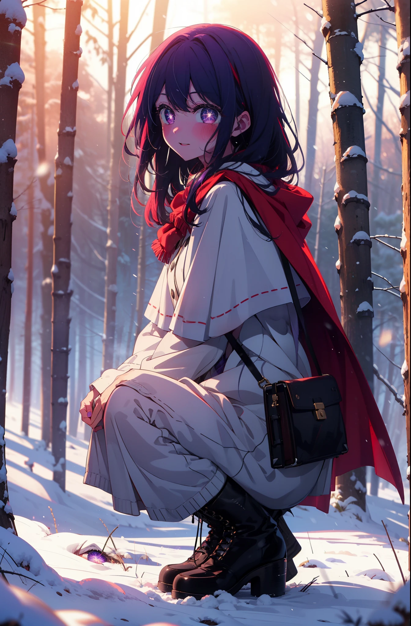 aihoshino, Ai Hoshino, Long Hair, bangs, (Purple eyes:1.1), Purple Hair, (Symbol-shaped pupil:1.5), smile,,smile,blush,white breath,
Open your mouth,snow,Ground bonfire, Outdoor, boots, snowing, From the side, wood, suitcase, Cape, Blurred, , forest, White handbag, nature, Squat, Mouth closed, Cape, winter, Written boundary depth, Black shoes, red Cape break looking at viewer, Upper Body, whole body, break Outdoor, forest, nature, break (masterpiece:1.2), Highest quality, High resolution, unity 8k wallpaper, (shape:0.8), (Beautiful and beautiful eyes:1.6), Highly detailed face, Perfect lighting, Extremely detailed CG, (Perfect hands, Perfect Anatomy),