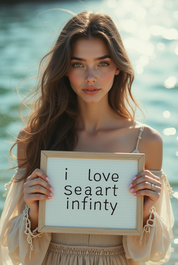 Beautiful girl with wavy long hair, bohemian dress, holding a white board with text "I Love Seaart Infinity" and showing it to the viewer