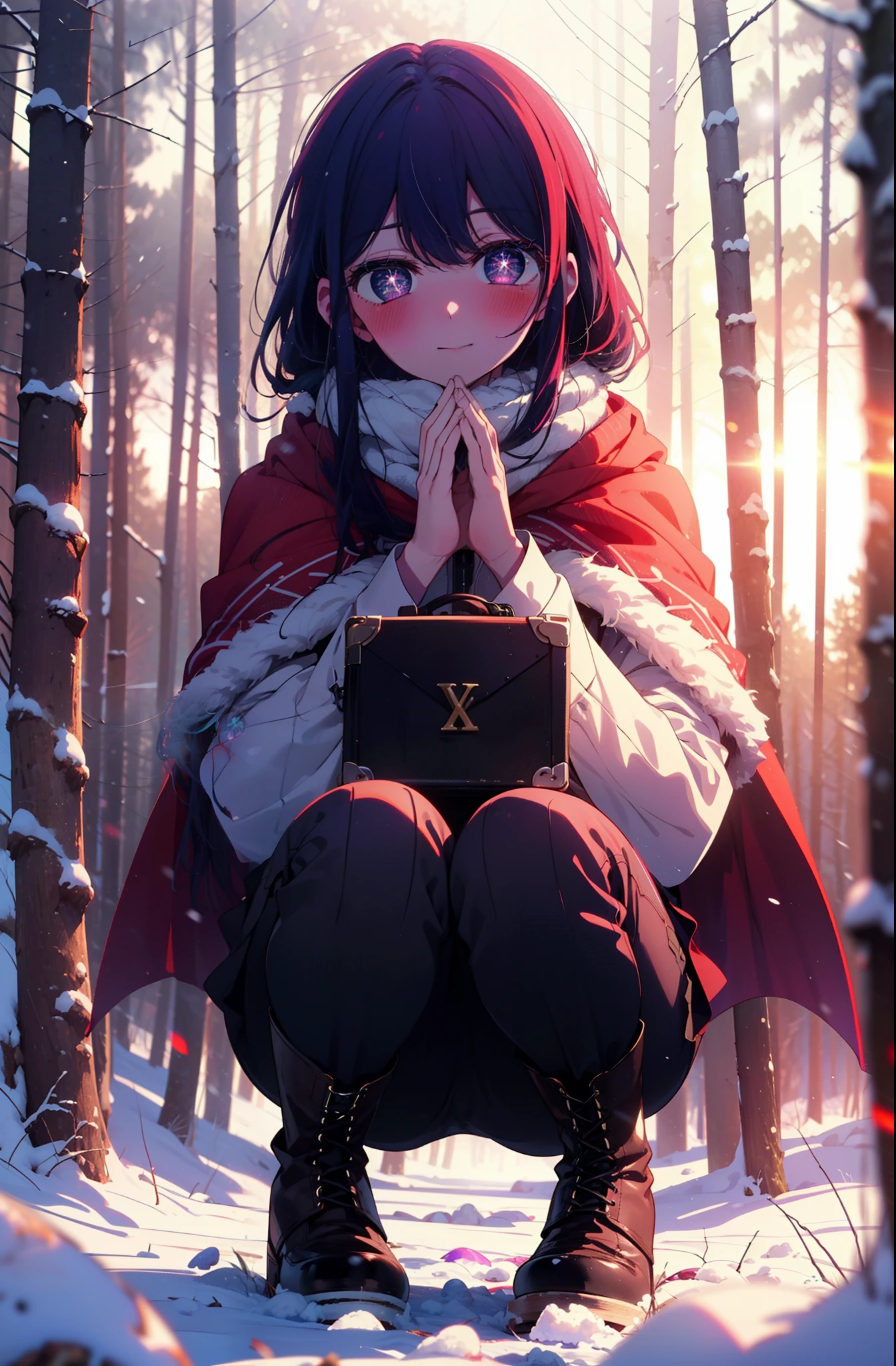 aihoshino, Ai Hoshino, Long Hair, bangs, (Purple eyes:1.1), Purple Hair, (Symbol-shaped pupil:1.5), smile,,smile,blush,white breath,
Open your mouth,snow,Ground bonfire, Outdoor, boots, snowing, From the side, wood, suitcase, Cape, Blurred, , forest, White handbag, nature,  Squat, Mouth closed, Cape, winter, Written boundary depth, Black shoes, red Cape break looking at viewer, Upper Body, whole body, break Outdoor, forest, nature, break (masterpiece:1.2), Highest quality, High resolution, unity 8k wallpaper, (shape:0.8), (Beautiful and beautiful eyes:1.6), Highly detailed face, Perfect lighting, Extremely detailed CG, (Perfect hands, Perfect Anatomy),