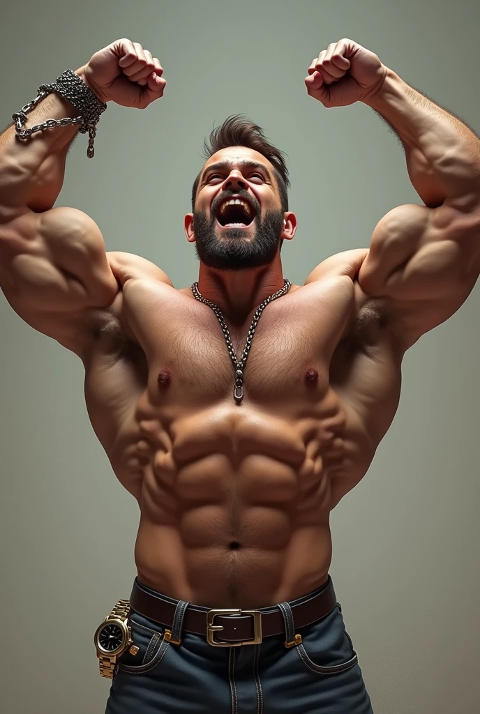Shirtless hairy man with arms flexed in victory pose showing off biceps and wearing watch on left hand and chained