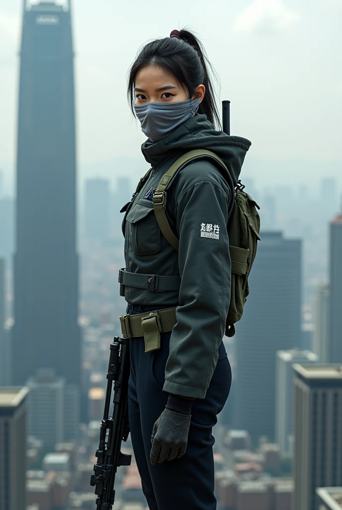 Chinese female sniper wearing a cloth mask standing on the roof of a high-rise building without a head covering