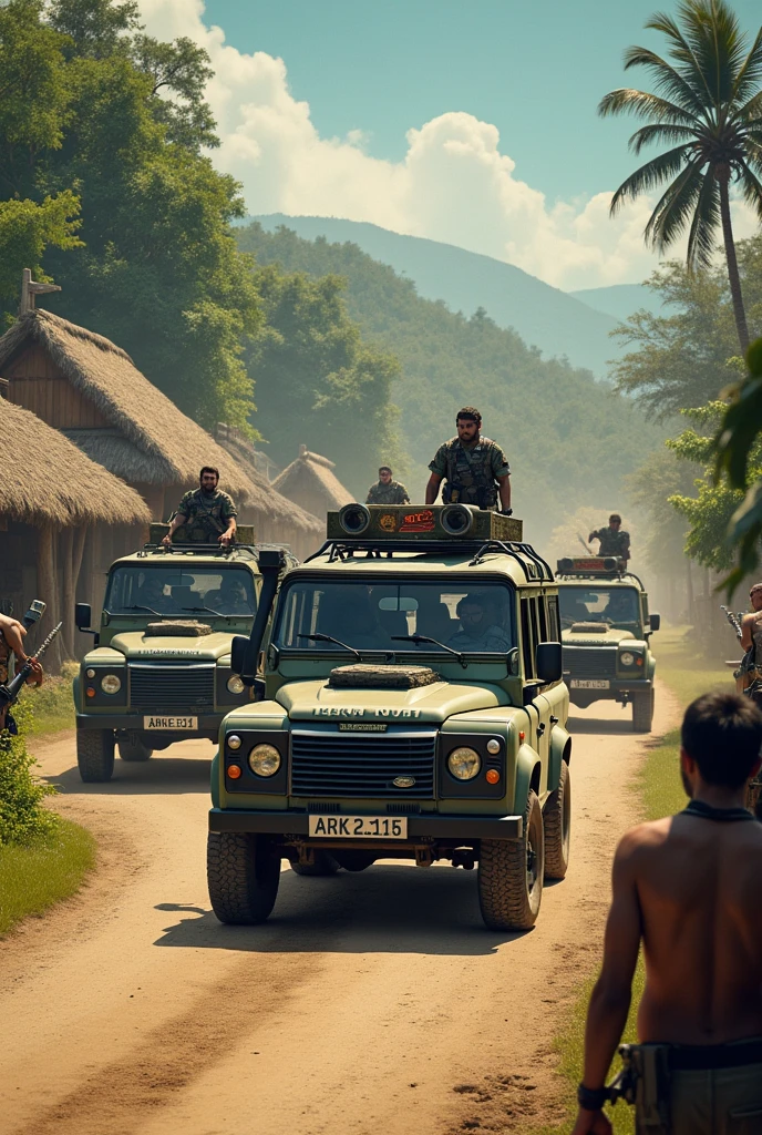 Convoy of defenders land rover in village