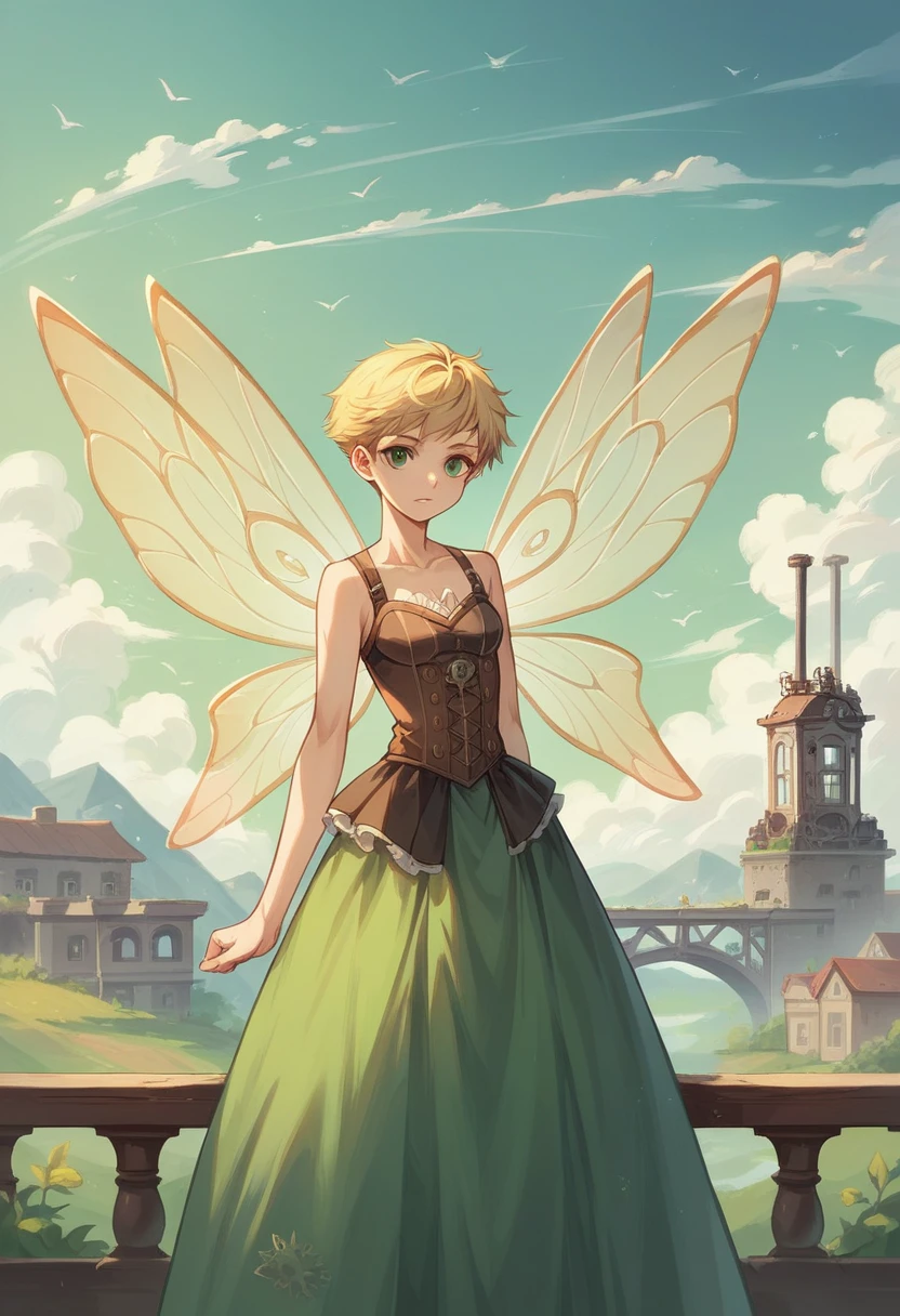 Picture, steampunk, Young woman, 30 years, beautiful blonde, short pixie haircut, sports, low, good body, green eyes, Nice dress, transparent wings, faery,  lives at the railway station in the city of Minsk