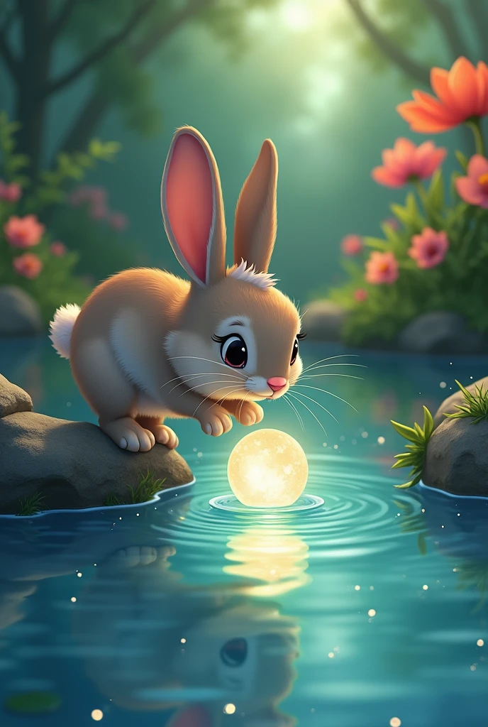 rabbit approaching a shining object in water cartoon style