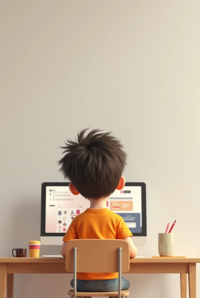 A kid who sitting on a chair and table and computer and tolking front of camera with a plain full body