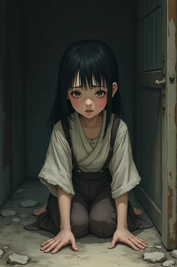 Young Japanese girl, slave, ragged clothes, crying, begging,