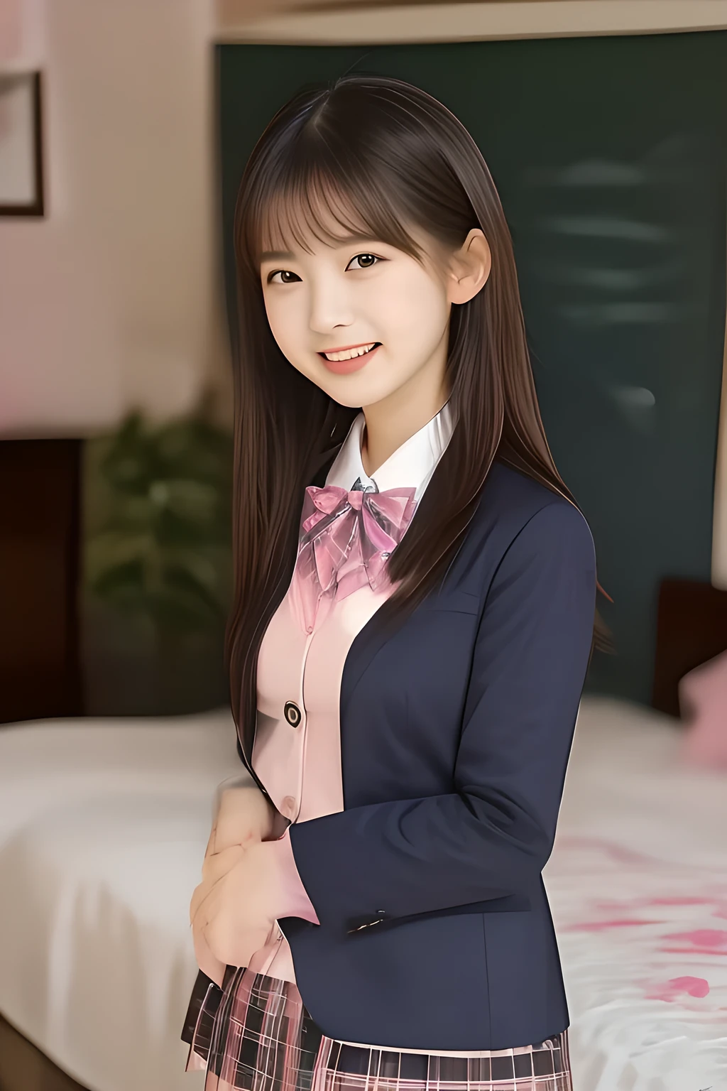(highest quality, masterpiece, high resolution:1.2), 4K, (Photo quality well detailed white white white face: 1.2), geometry, ( yo cute girly Japanese sensitive weak girl with very detailed graceful cute smiling face is turning to me and looking at me: 1.5), Laughing cutely, (Japanese school girly navy-colored blazer uniform: 1.4), (blue dark blue blue expensive pleated checkered school skirt inside the blazer: 1.6), (big sharp breast: 1.3), (Dark red glossy school ribbon on the breast: 1.0), (Extremely laughing cheeks: 1.0), (Beautiful pretty large laughing cute cute cute chh childisghing cutely laughing eyes with detailed and balanced well: 1.4), (Double eyelids: 1.0), (Long bottom eyelashes: 1.2), (Glossy very wet lips: 1.0), (Super-straight hair, extremely very long hair which reaches her waist: 1.3), (In a bright girly room with pink expensive bed and with pink cute heart marks wallpapers: 1.6)