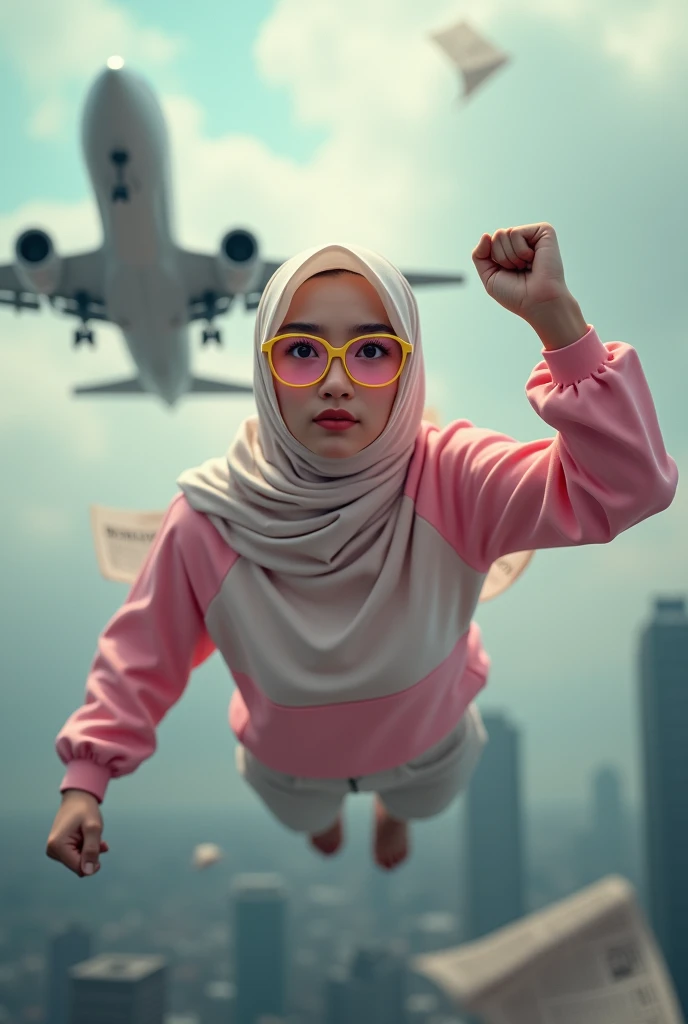 Malaysia women a realistic masterpiece. Human .wear pink watch.. 1girl wearing a hijab, detailed beautiful face, Hijab Muslim. Wear long sleeve moder design mixed sew pink white spandex. . anger face, minimalist flower on shirt. . anger face. Open mouth. Glowing power pink. Fly high beside aeroplane. Wear pink white.small Safety Pink yellow glasses google spectacle top of the headband rubber. Age 20 year old. Flying position. Fast fly. Panning effect Photography . Flying high hand under aeroplane have a super strong power.. punch . Fight pose. Bokeh background. fist front.. At the city. Bad waether. , detailed lips, long eyelashes. Hero, modest expression, delicate facial features, natural skin tones, , detailed folds and textures of hijab, natural lighting, high quality, photorealistic, 8k, best quality. Malaysia girl. Floating newspaper. ). . . Braces teeth. Boleh background. Panning effect. Fast flying. 