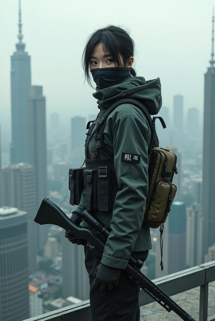 Chinese female sniper wearing a cloth mask standing on the roof of a high-rise building without a head covering