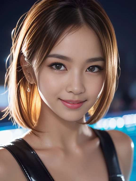 Latex bodysuit、Knee-high boots、Huge 、Long brown hair、Shiny, Oily skin、Glowing Skin、Indoor competition pool、White skin、 Body Portrait, 8k, Narrow and beautiful eyes, Dindal effect, masterpiece, 最high quality, high quality, High resolution, Very detailed photos, (Natural skin texture, Fine skin, Hyperrealism, Ultra Sharpness) , Skin with attention to detail, (Very fine, Fine skin texture, Intricate details, Beautiful Face, (A vivid face), Realistic eyes, Beautiful and detailed, Realistic Skin, Beautiful Skin, surreal, Very detailed, Golden Ratio, Smiling Eyes, ((Night moonlight background)), Body Portrait, glamorous, Shiny Bodysuit