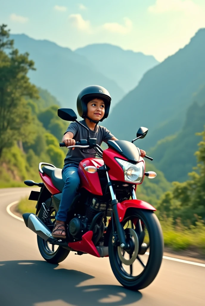 A young boy wearing a helmet rides a Honda CB 160 R bike on the road in Sajek Valley, Bangladesh 