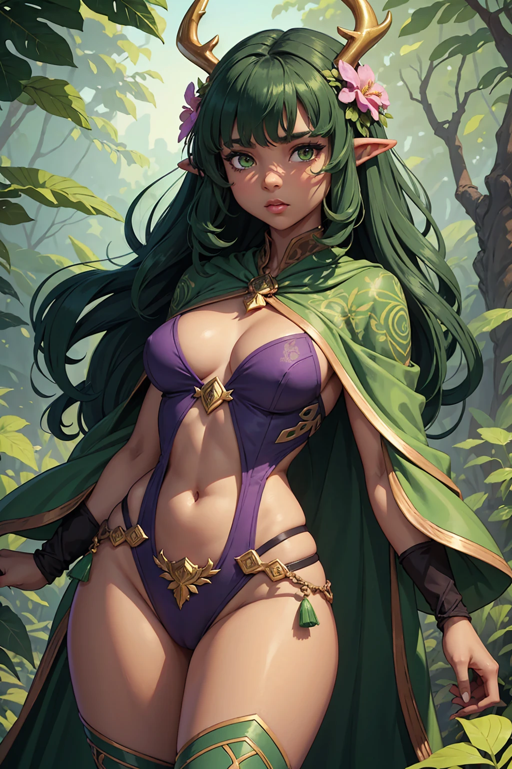 Jungle like environment. A young African-American Woman with a deep, rich brown skin tone. She short has leaf green curly hair & is wearing a form-fitting bodysuit with a deep neckline, exposing much of her chest area & slightly revealing mythic flowing Black-Purple-Green cloak with Golden Floral designs. She has Serious yet gentle gaze in her heterochrome eyes, with One eye being a deep green and the other being a light gold. She has long crystal blue antlers radiating Floral energy & a set of quaint elven ears. She has a small cute nose She is seen in a battle stance radiating a floral energy