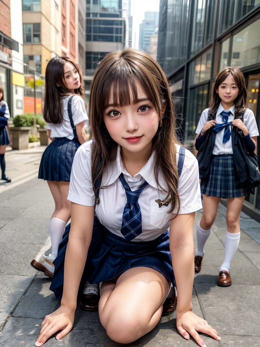 Browsing Caution, ((masterpiece)), ((Highest quality)), (Very detailedな), ((cute)), cute, (Multi-point), ((sexy)), (device), ((Very detailed)), 4K, (8k), Highest quality, (beautiful), hyper cute face, shape, Anime Style,hyper Genuineistic, Genuine, ((Navy or grey knee-high socks and brown loafers))、 ((From face to feet)), close, Thick outline, Clear contours, (Three Girls, 3 cute girls:1.5), (Schoolgirl Uniform :1.5), City Sidewalk、Squat down on one knee、beautiful light brown hair, beautiful brown eyes, ((beautiful eyes)),, (Under the skirt:1.5), short hair, Big Breasts, smile