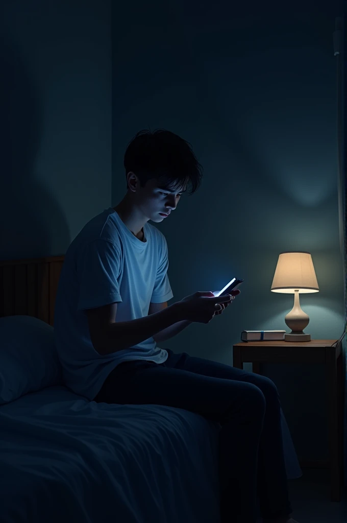 depth of night A teenage boy sits on a bed in a dark room, holding a smartphone. Light darkness in the room and a small lamp placed on the table. The dim light of the lamp made the room semi-light and semi-dark.