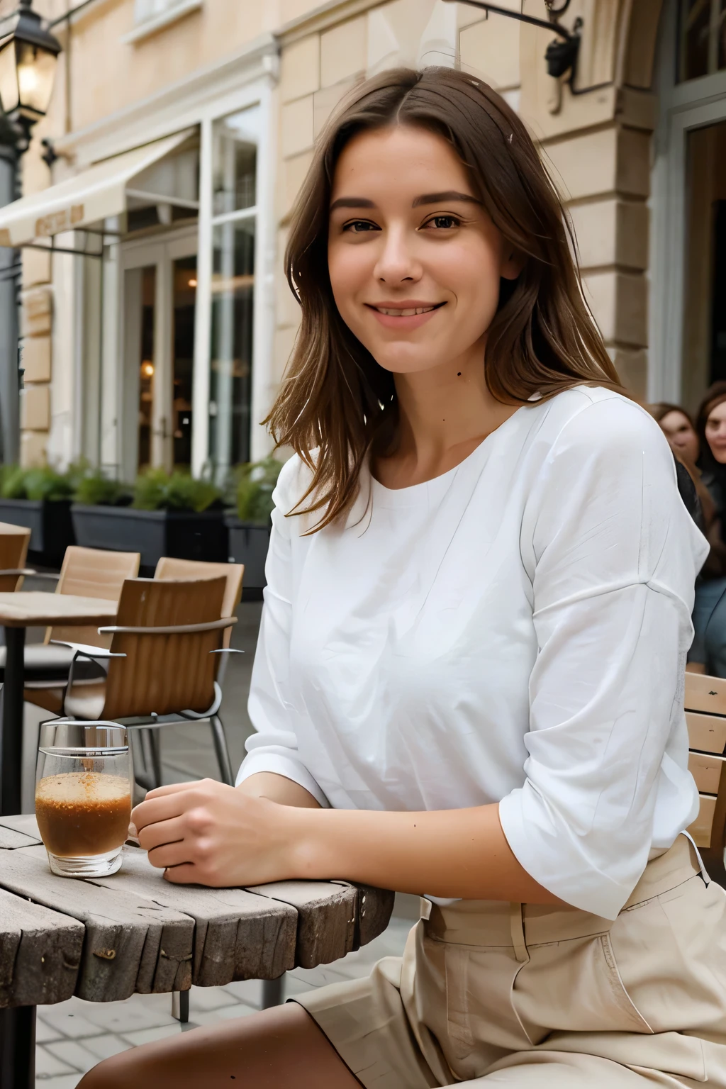 Une femme de 28 ans, brune aux cheveux mi-longs légèrement ondulés, portant une combinaison en coton bleu clair parfaitement ajustée et des sneakers blanches impeccables, influenceuse lifestyle avec un charme captivant et une beauté naturelle. Elle prend un selfie en se détendant dans un café chic en plein air, avec des fauteuils élégants et des tables en bois sculpté, entourée d'une ambiance urbaine raffinée. Elle est sans maquillage, mettant en avant un teint éclatant et des traits parfaitement harmonieux, avec un sourire radieux et un regard chaleureux directement vers la caméra. L’arrière-plan révèle des plantes luxuriantes en pot, des détails modernes et sophistiqués du café, et des clients profitant de l’atmosphère. La photo capture tout son corps dans une pose élégante et sereine, avec une image parfaitement nette et détaillée, sans aucun flou, mettant en valeur son style impeccable et l’environnement chic et accueillant du café.