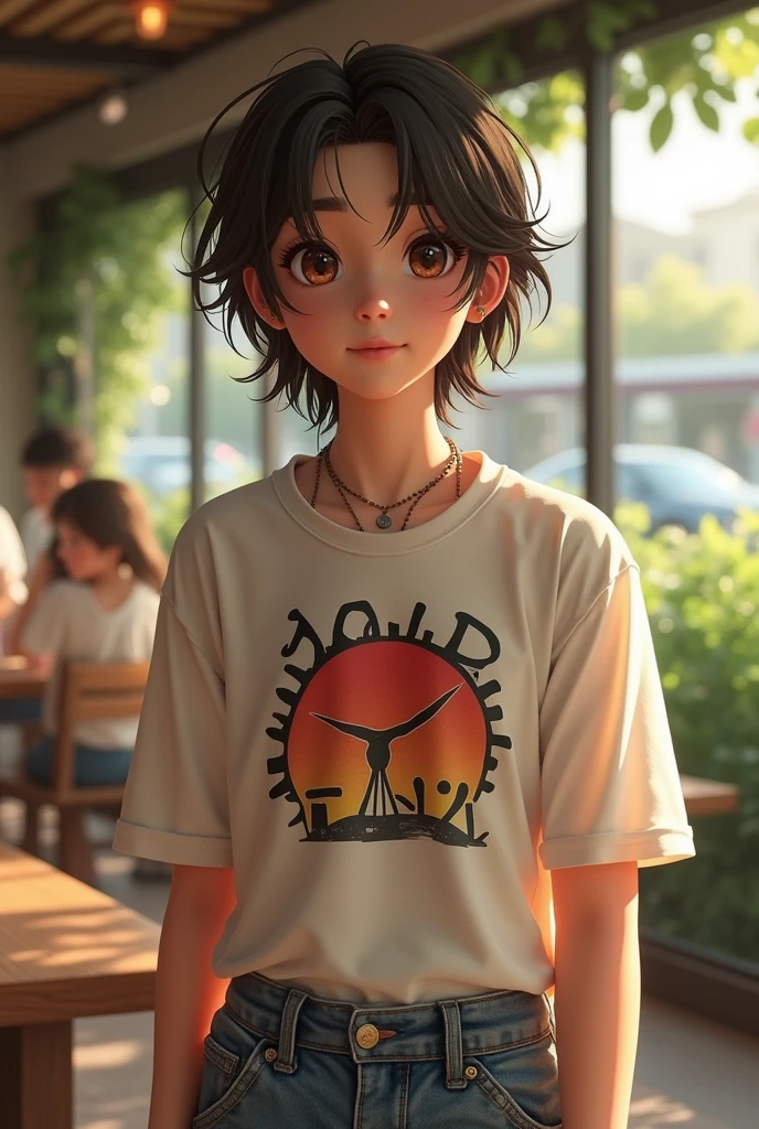17 year old boy with an attractive and youthful appearance. She has fair skin and large, expressive brown eyes.. Her hair is long, straight, and wears it loose or with some soft waves. Wear modern and casual clothes, like a fitted t-shirt with a bold design and high-waisted jeans. It could be in an urban environment, like a coffee shop or a park, and can have a simple accessory style, like a delicate necklace or bracelet."
You can use this description in an image generation application to get a visualization based on these details..