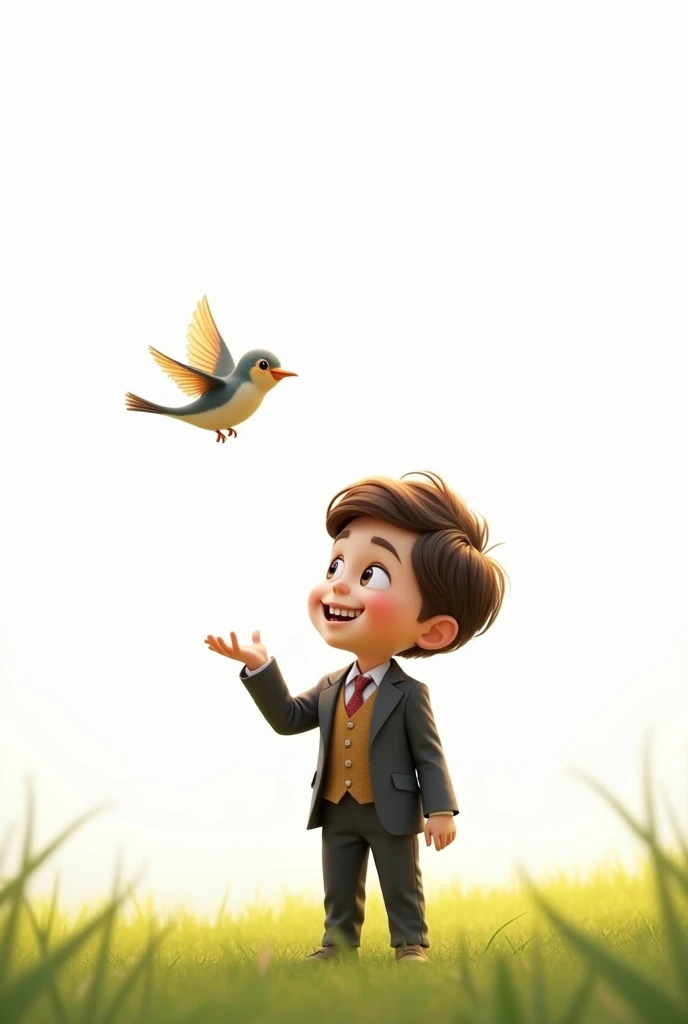white background,little smart boy,wearing smart suit,standing on grass,raising hands to little bird,little bird flying,cute boy smiling