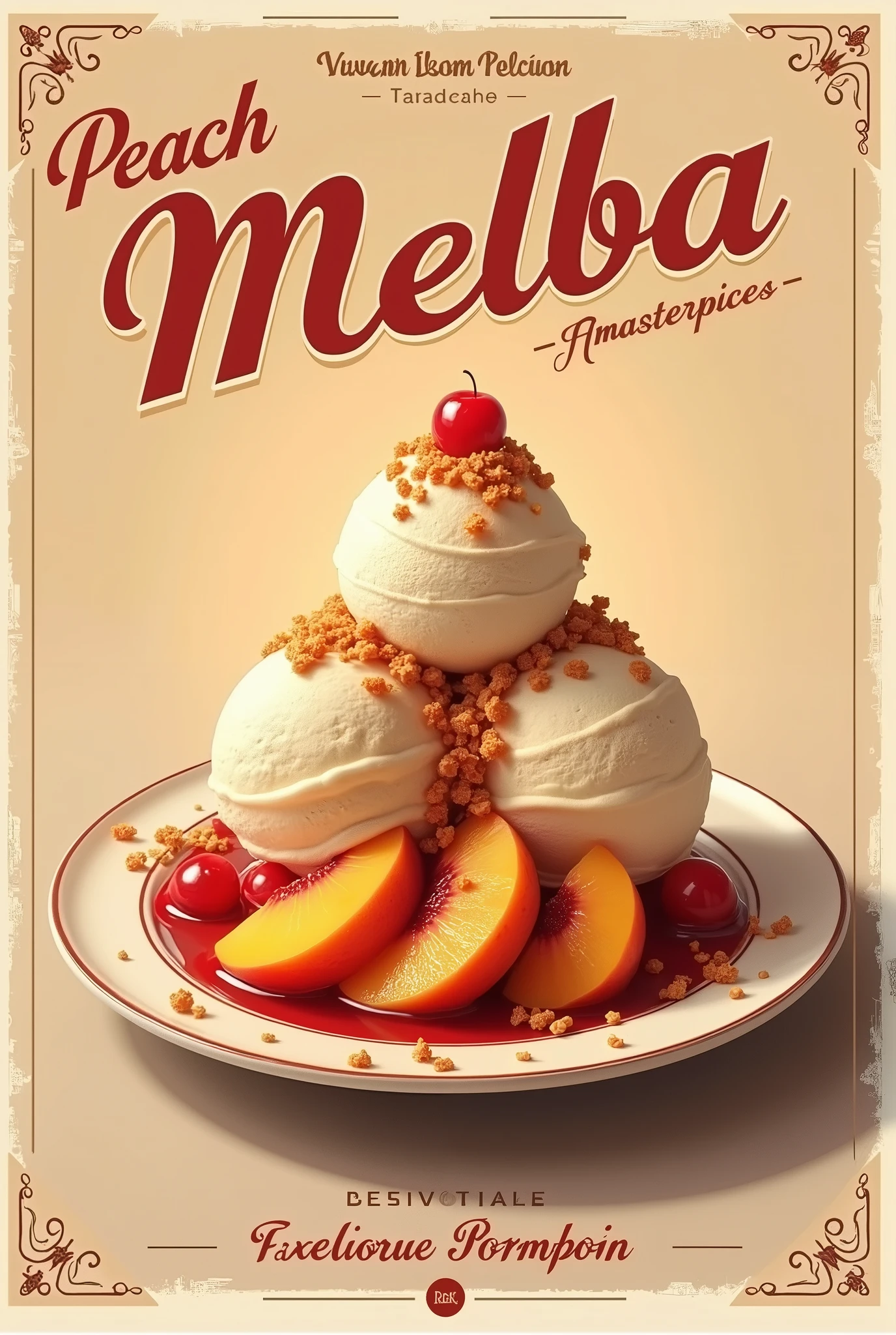 Affiche publicitaire rétro avec écritures. digital painting. Retro Gourmand Peach Melba. Recette traditionnelle dans une assiette de dessert glacé de la cuisine des États-Unis, made from cut peaches, two scoops of peach sorbet, nappées de sauce griottes fondante et de copeaux de nougatine. Image culinaire. masterpiece. high quality. digital art. 8k resolution. ((ultra realistic))((ultra detailed)). Affiche publicitaire rétro avec écritures.